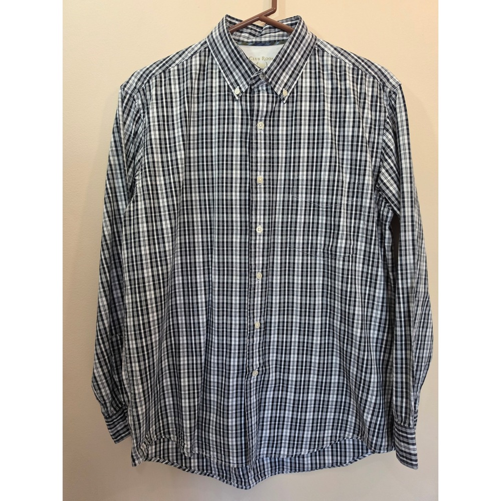 Club Room Mens Plaid Button Down Shirt Black White Cotton Long Sleeve Medium